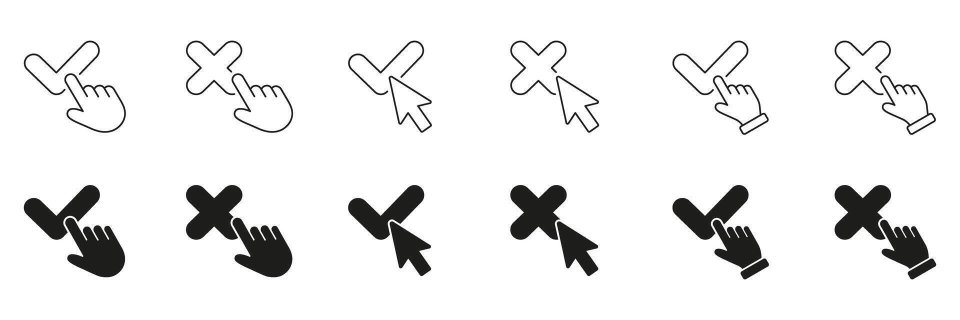 Cursor Click Hand And Arrow With X Line And Solid Icon Set. Interactive Pointer And Cross Symbol Collection. Isolated Illustration vector
