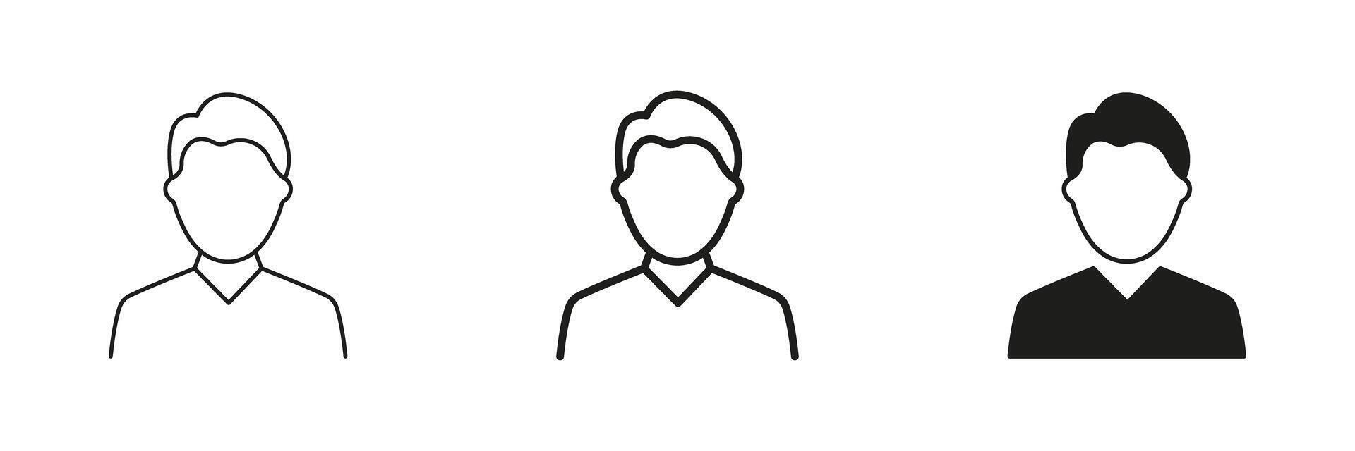 Man Line and Silhouette Icon Set. Basic Male Avatar Icon with Short Hair and Collar. Editable Stroke. Isolated Illustration vector