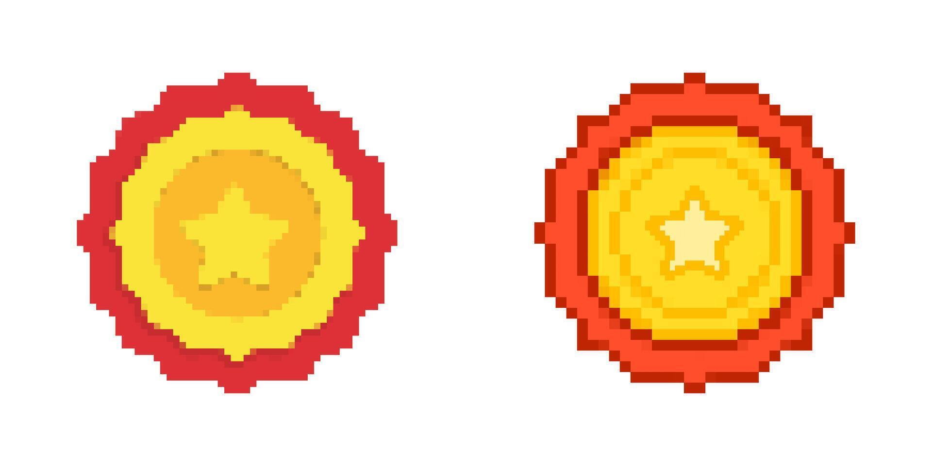 Pixel Star Medal Pixelated Icon Set. Pixel Art Symbol Collection Of Award Medals With Star Center. Isolated Illustration vector