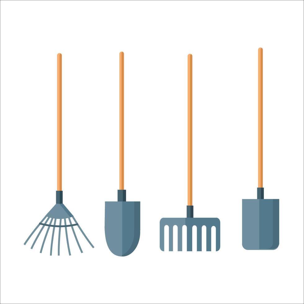 A set of gardening hand tools including a leaf rake, shovel, soil rake, and spade vector
