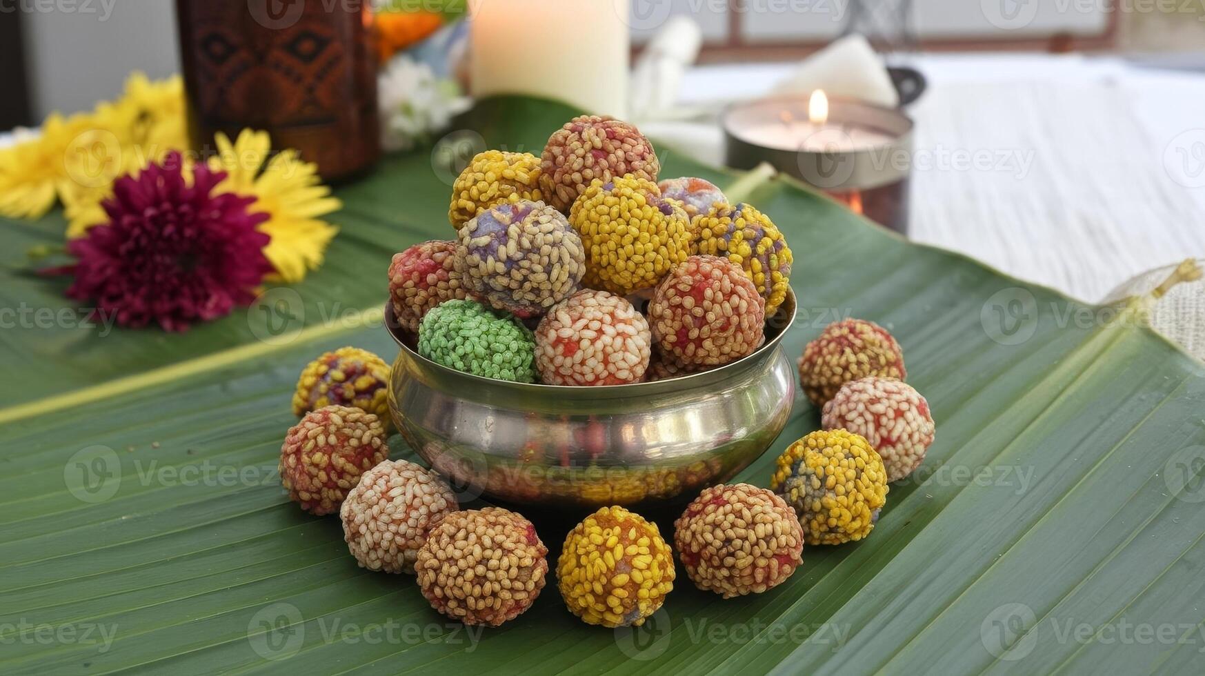 A bowl filled with colorful candy on a banana leaf photo