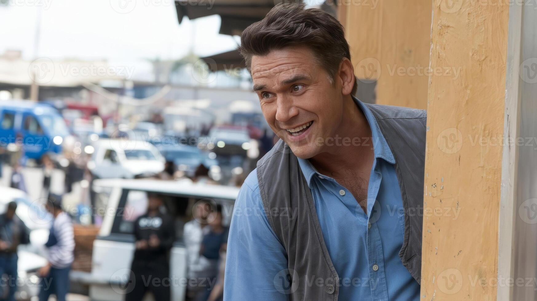 A man smiles while standing in front of a building photo