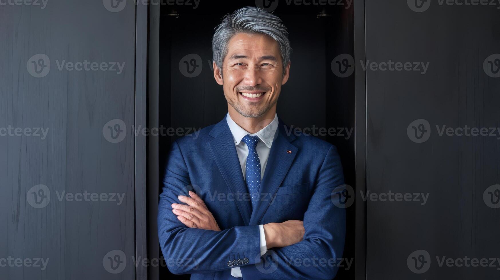 Asian businessman smiling in an elevator photo