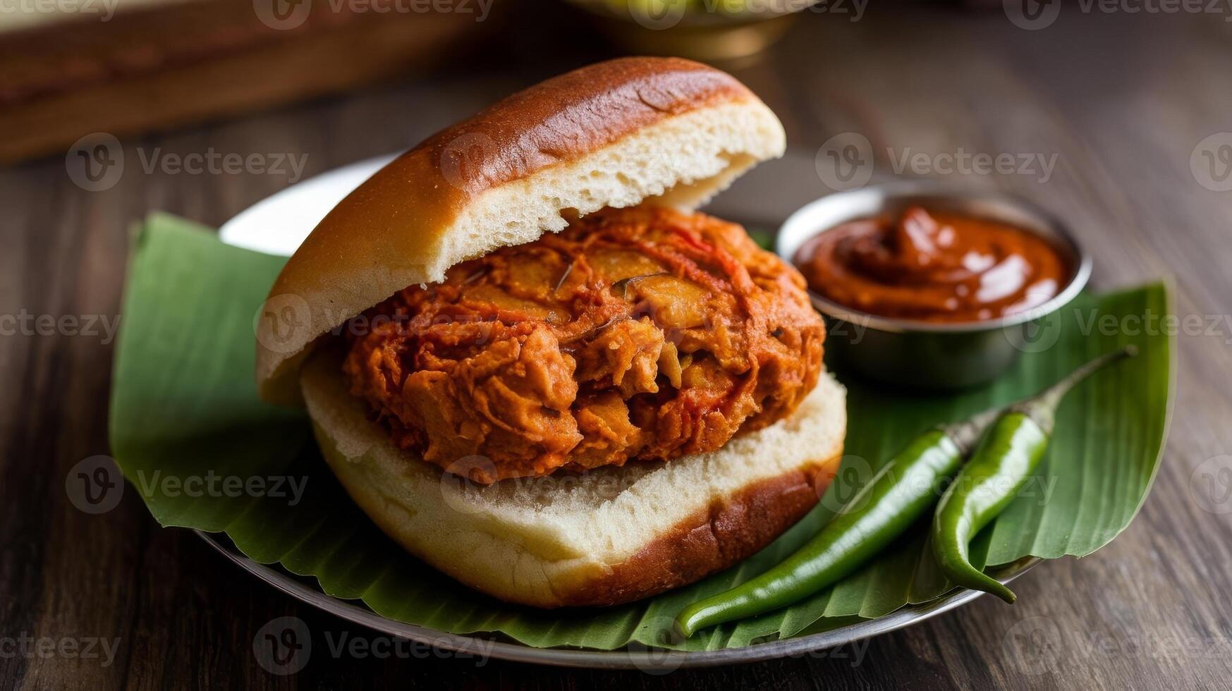 A chicken sandwich with sauce and a side of sauce photo