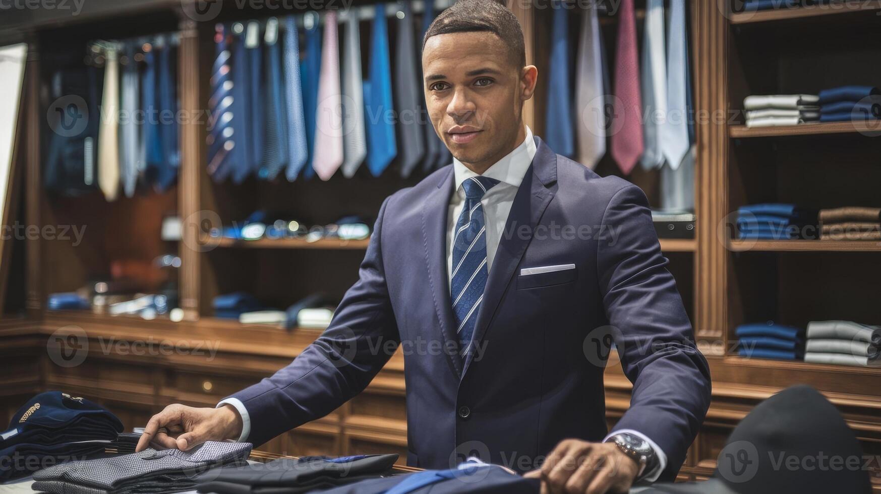 A man in a suit is standing in front of a rack of suits photo