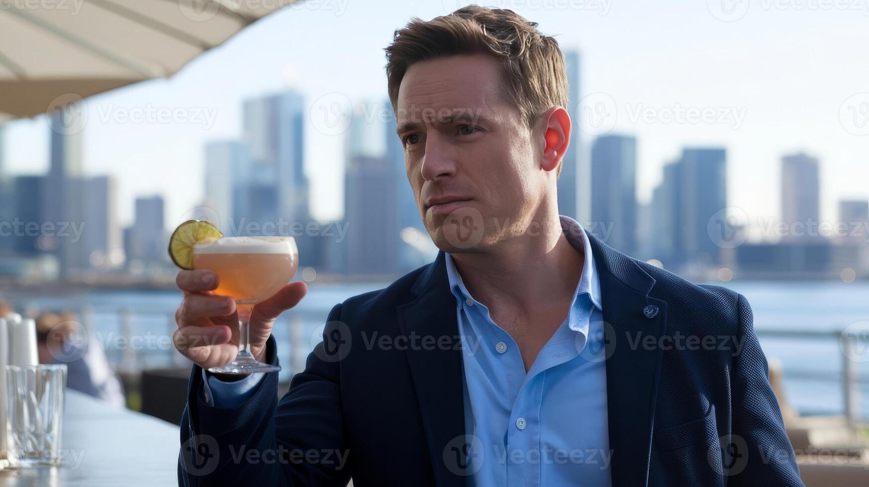 A man in a suit holding a cocktail glass photo