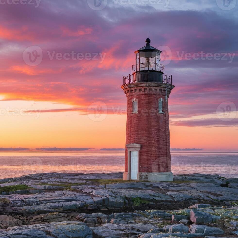 A lighthouse is shown at sunset with a colorful sky photo