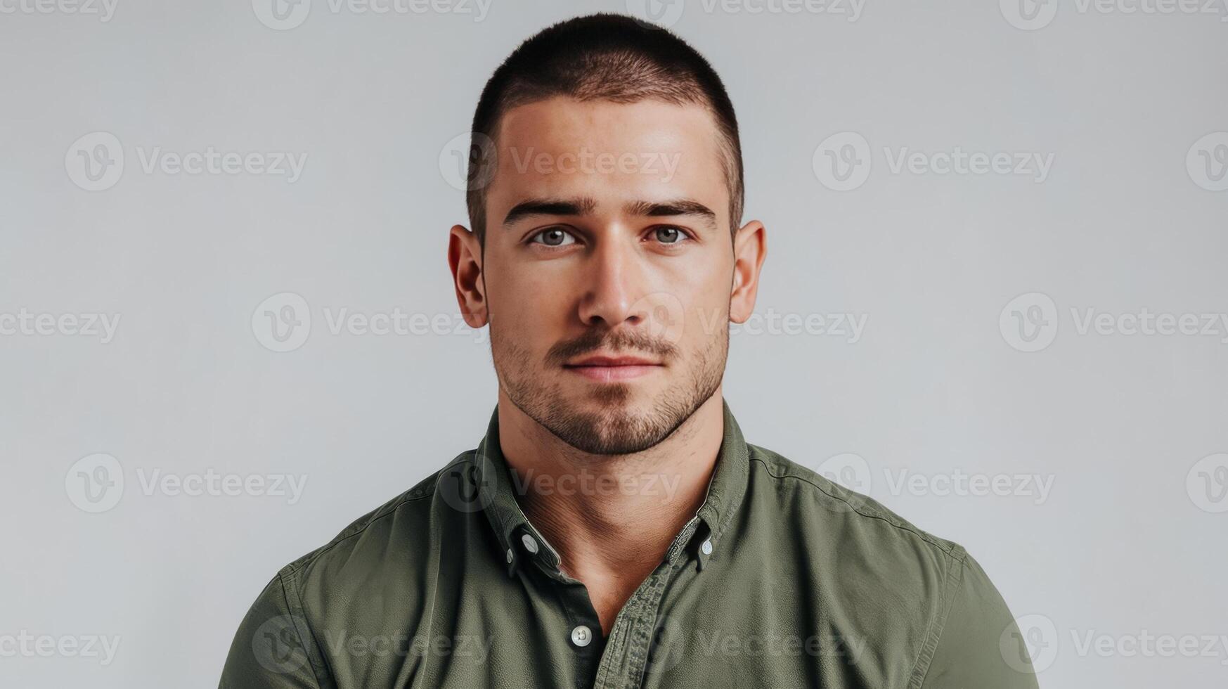 A man in a green shirt looking at the camera photo