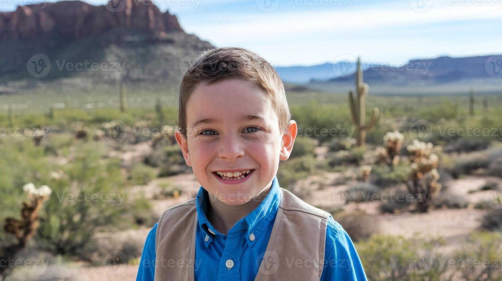 A boy in a blue shirt and vest standing in the desert photo