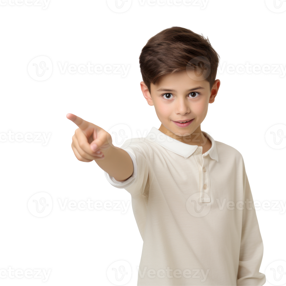 Kid Boy pointing to something. He is wearing a shirt. isolated on transparent background png