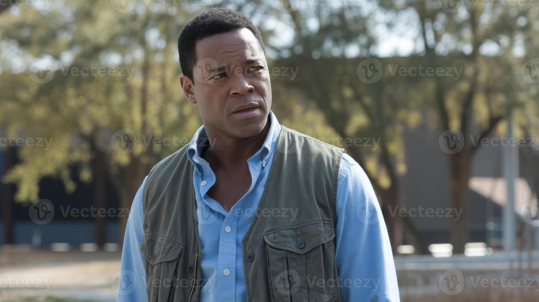 A man in a vest and blue shirt standing in front of trees photo