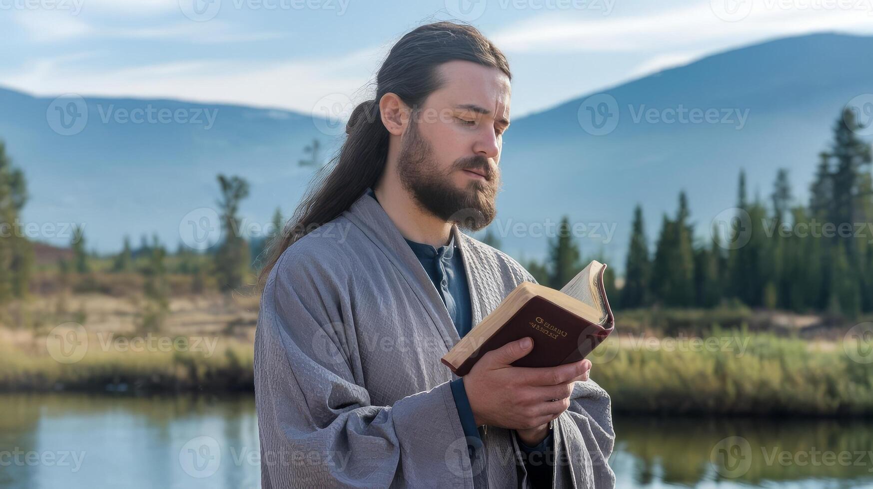 A man with long hair and beard is reading a book photo