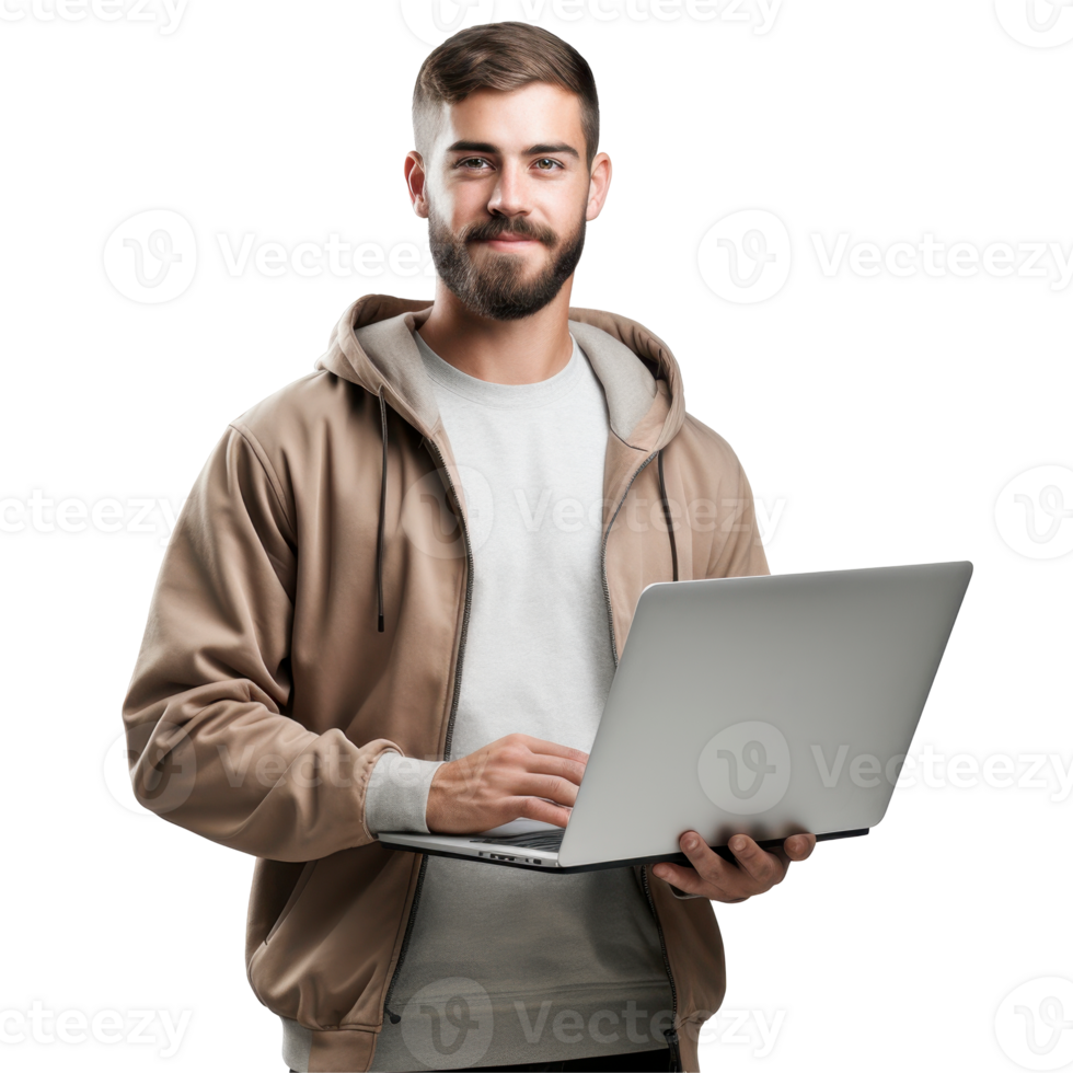 man is holding a laptop in his hands isolated on transparent background png