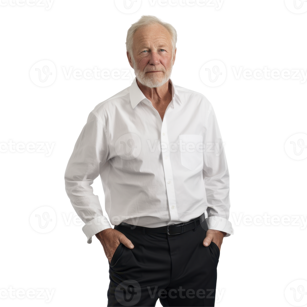 Man in a white shirt and black pants standing with his hands in his pockets isolated on transparent background png