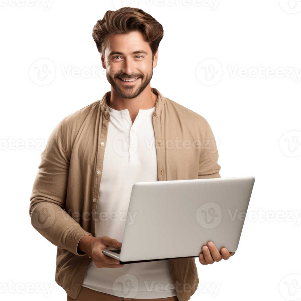 A man is holding a laptop in his hands isolated on transparent background png