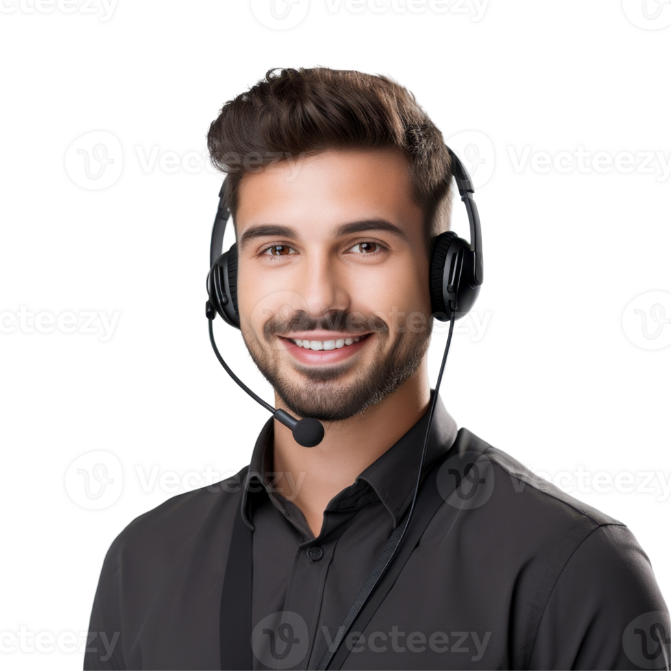 Call center man wearing a headset and smiling isolated on transparent background png