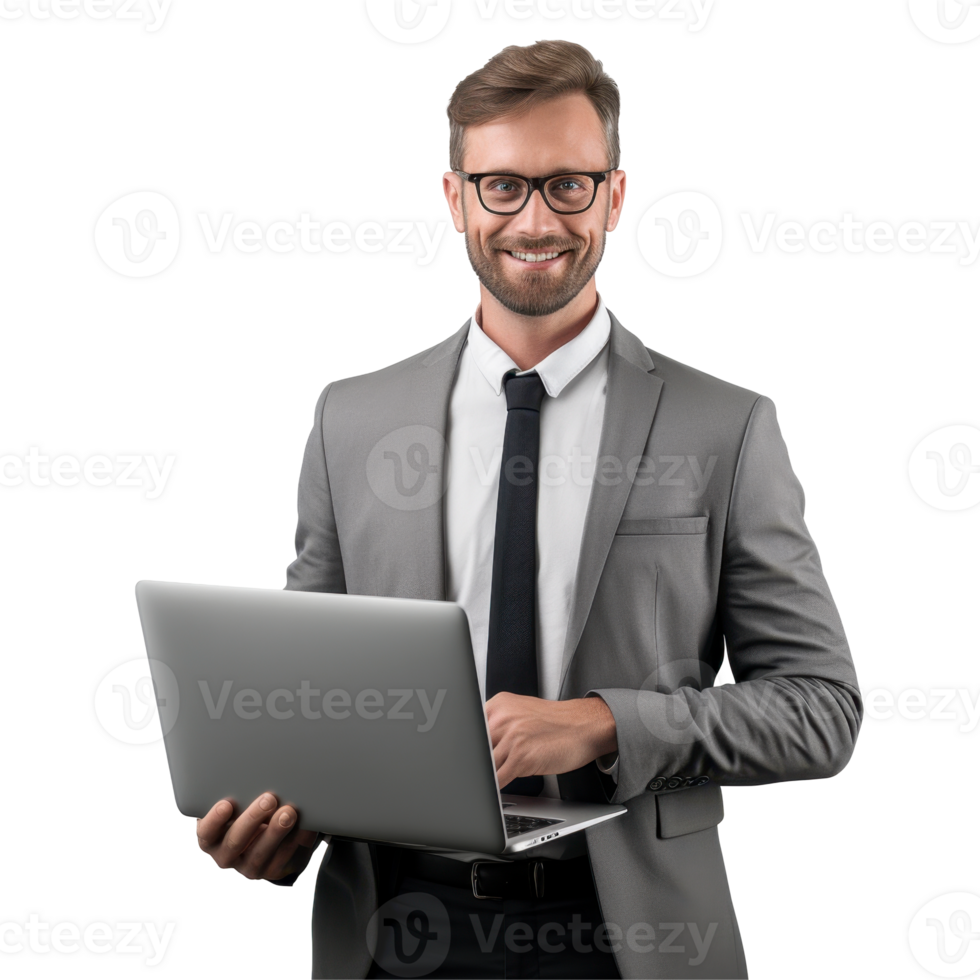 man wearing a suit and tie is holding a laptop isolated on transparent background png