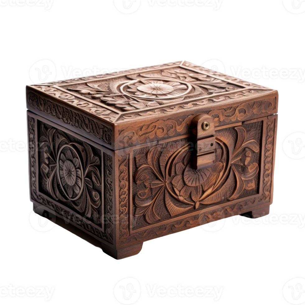 A wooden box with a lock on it isolated on transparent background png