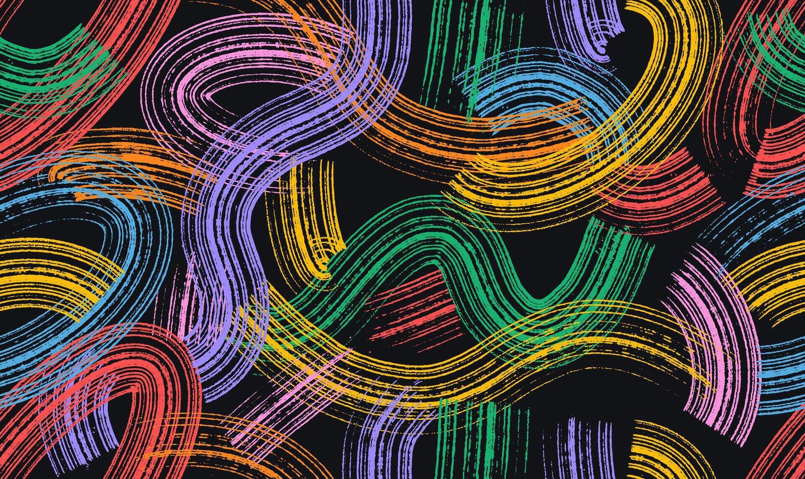 Seamless pattern spiral brush strokes with spray texture. Hand drawn endless banner with thick colorful curved brush strokes. Art distress texture on black background. seamless pattern vector