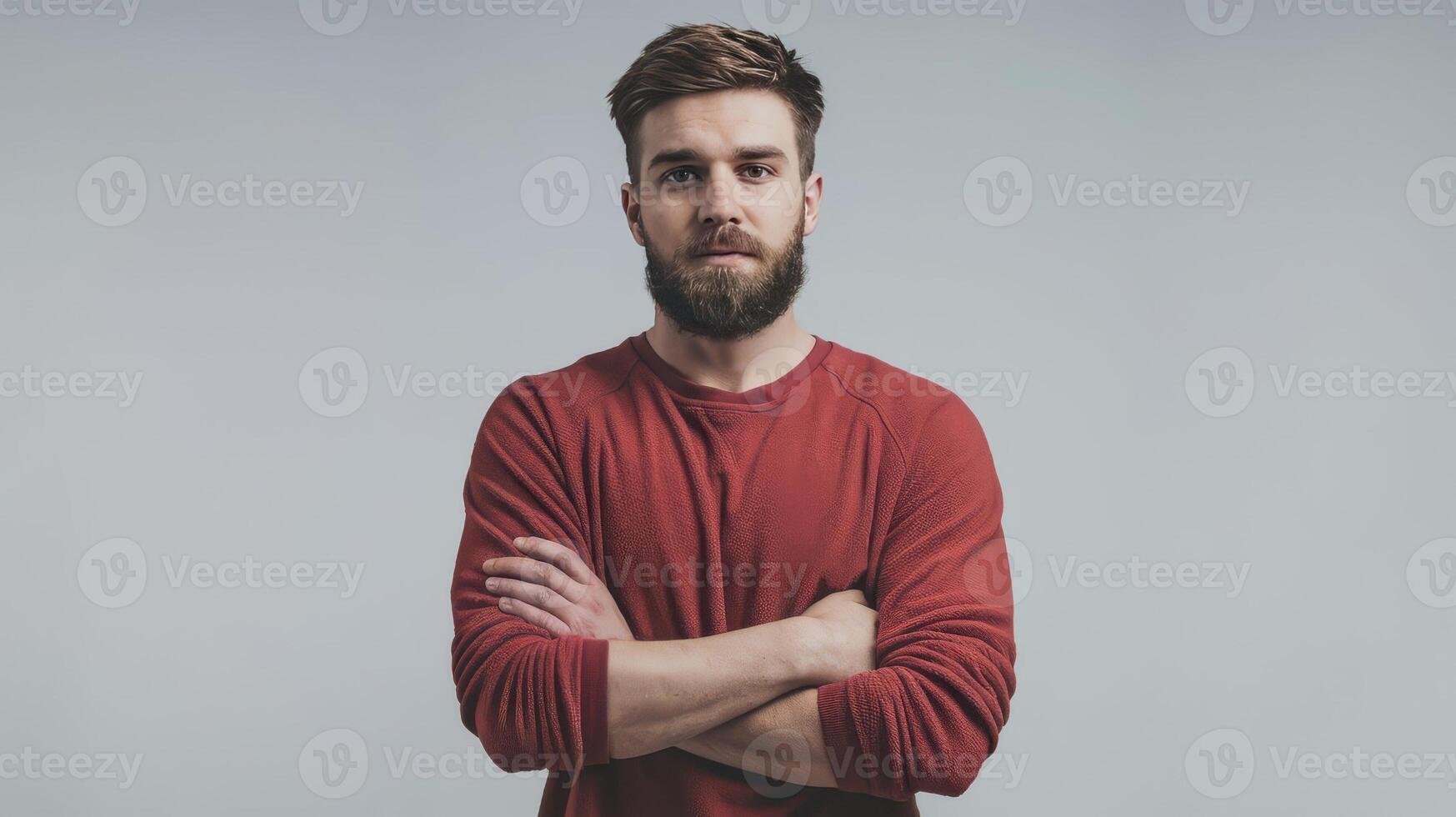 A man with a beard and red shirt standing with his arms crossed photo