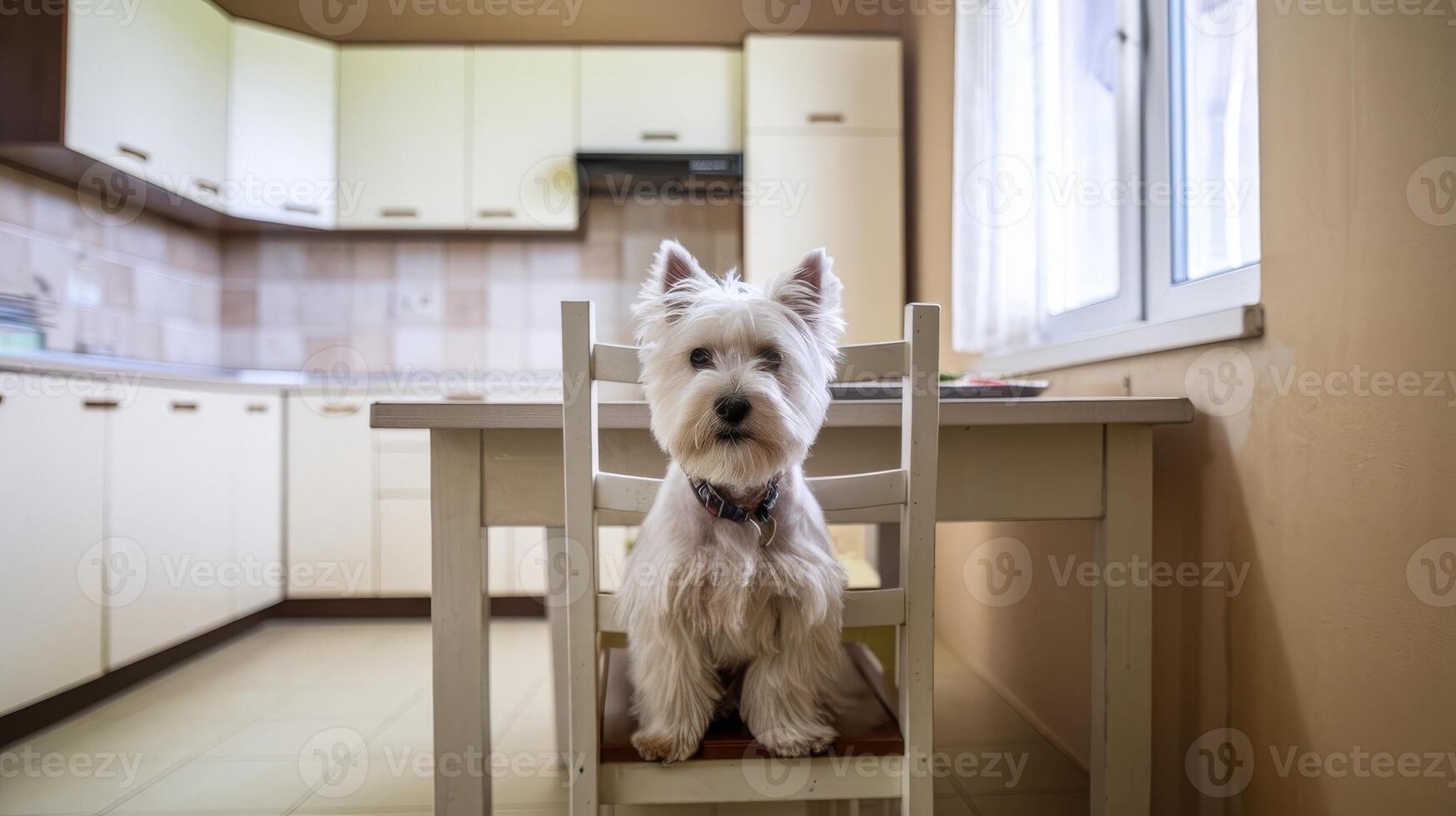A small white dog sitting on a chair in a kitchen photo