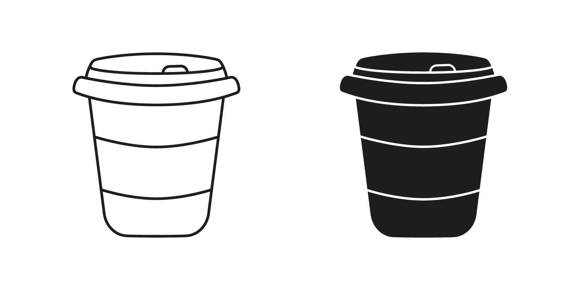 Takeaway Coffee Cup Line and Silhouette Icon Set. Disposable Cup with Lid Symbol. Editable Stroke. Isolated Illustration vector