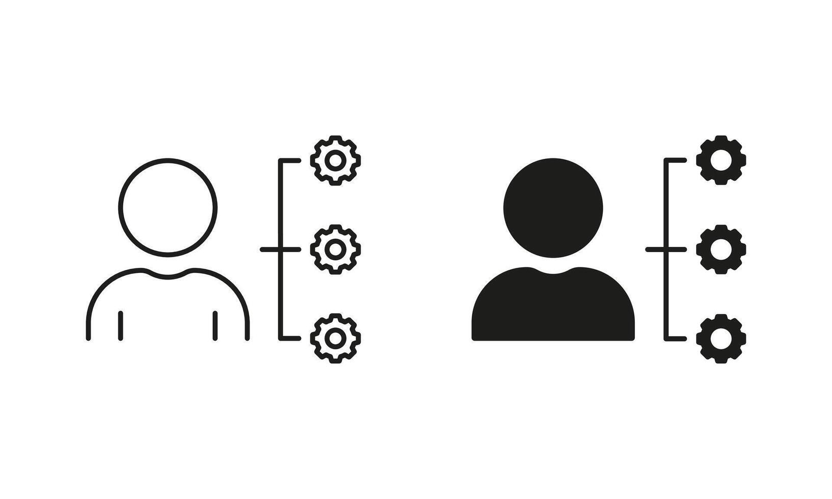 Person and Gear, Employee Responsibility Pictogram. Management, Business Operation Line and Silhouette Icon Set. Marketing Strategy Sign. Editable Stroke. Isolated Illustration vector