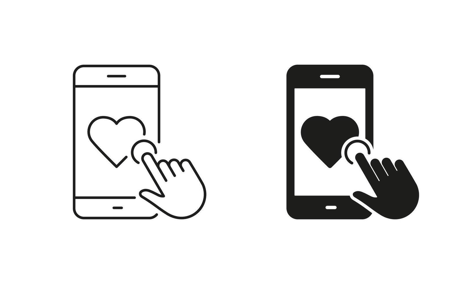 Social Media Notification Symbol. Like Button Line and Silhouette Icon Set. Click On Heart Shape Button In Smartphone Pictogram. Editable Stroke. Isolated Illustration vector