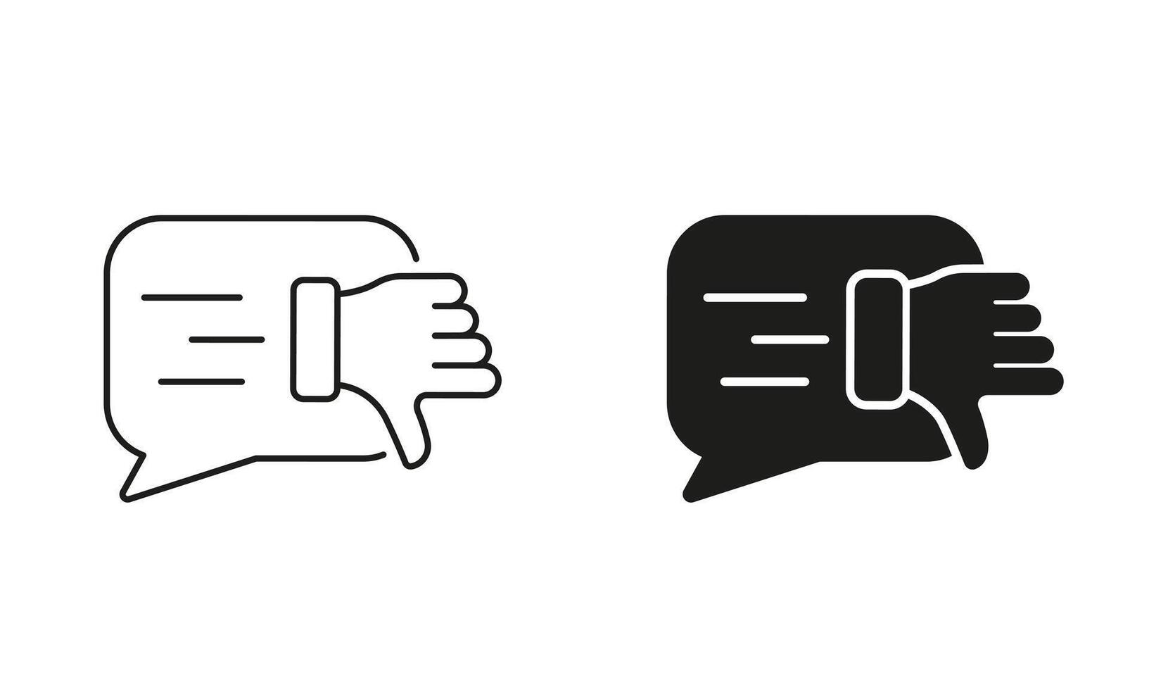 Thumb Down With Speech Bubble. Negative Review, Bad Feedback Line and Silhouette Icon Set. Disappointed Customer Pictogram. Dislike Symbol. Editable Stroke. Isolated Illustration vector