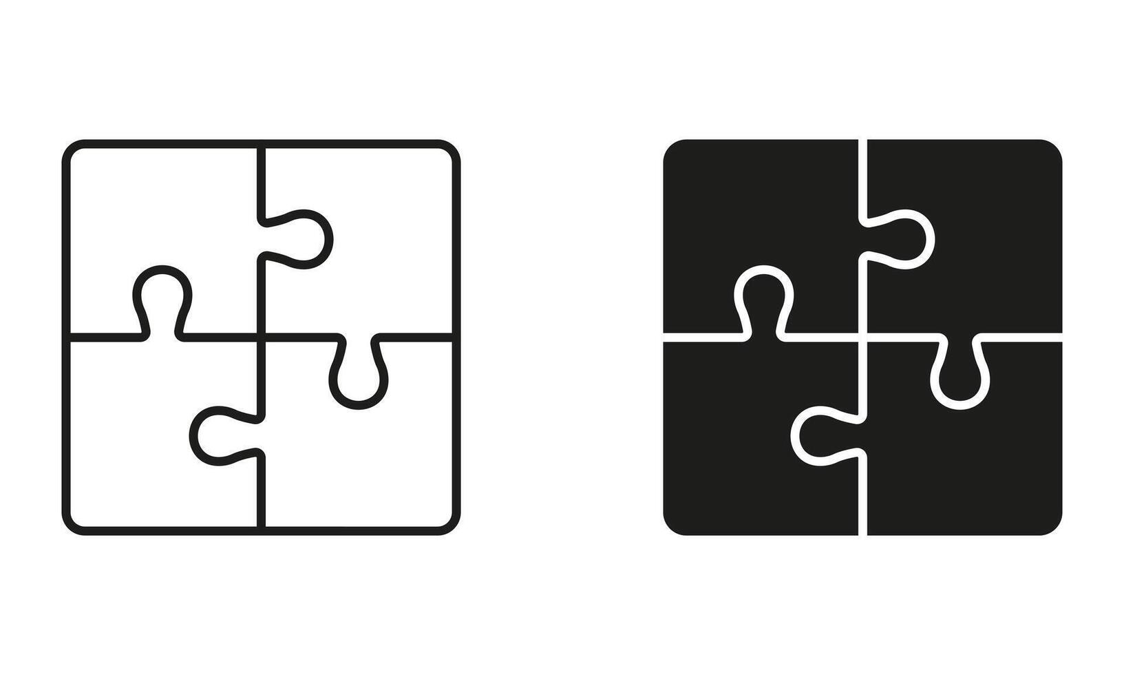 Puzzle, Combination Solution Line and Silhouette Icon Set. Jigsaw Square Pieces Match Pictogram. Teamwork, Idea, Challenge Logic Game Sign. Editable Stroke. Isolated Illustration vector