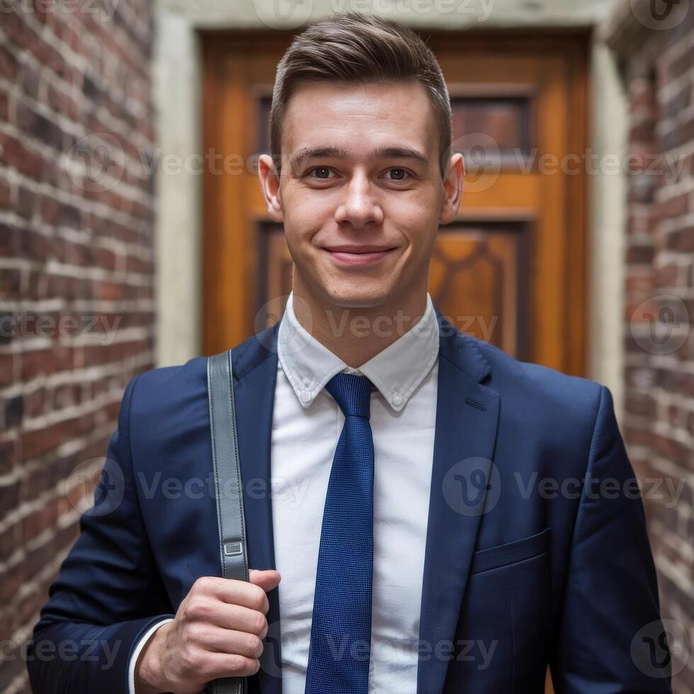 A young man in a suit and tie standing in front of a brick wall photo
