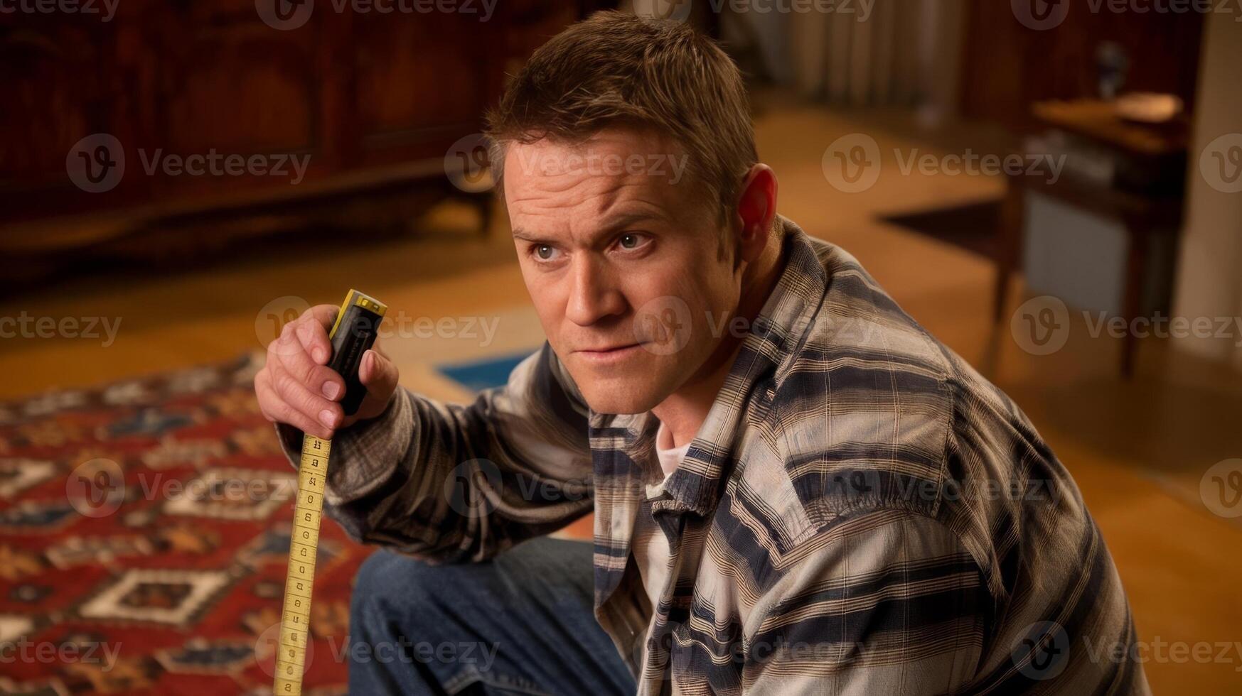 A man is holding a measuring tape in his hands photo