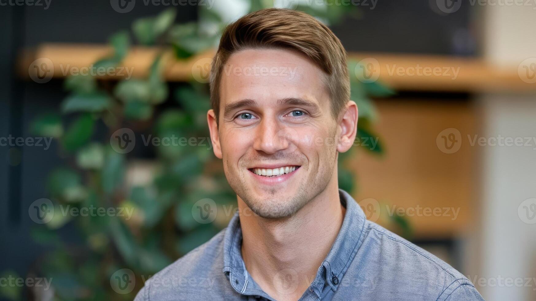 A man smiles for the camera in front of a plant photo