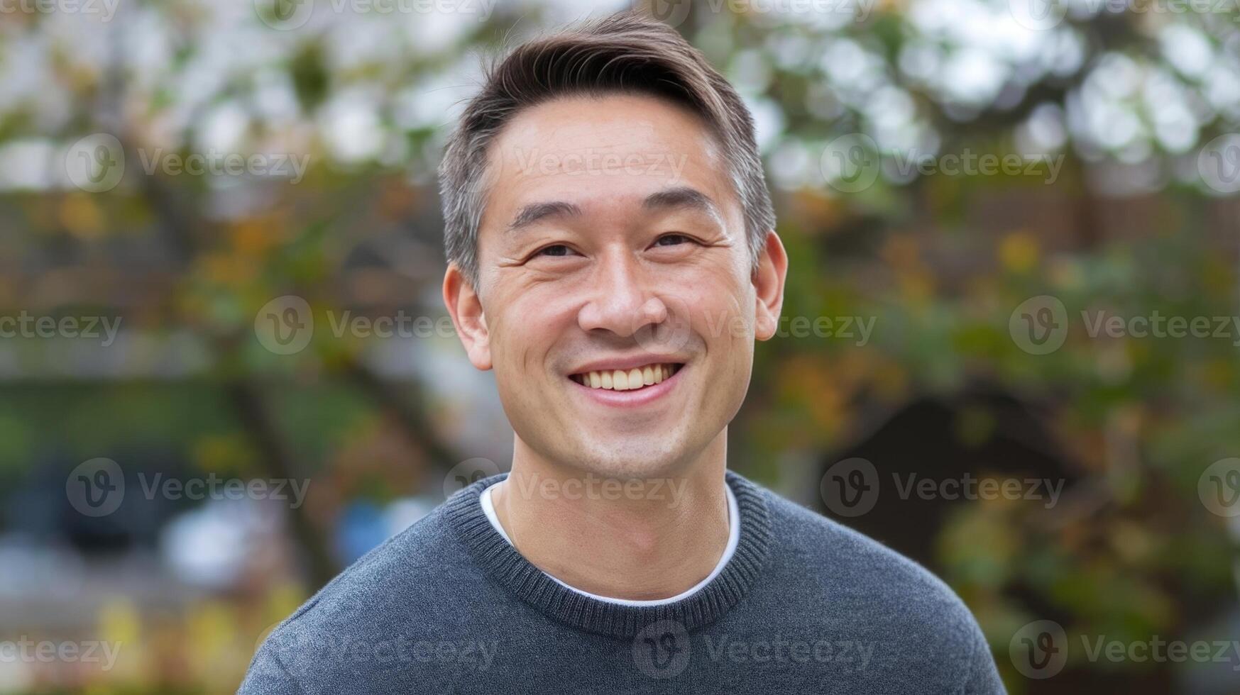 A man smiles while standing in front of trees photo