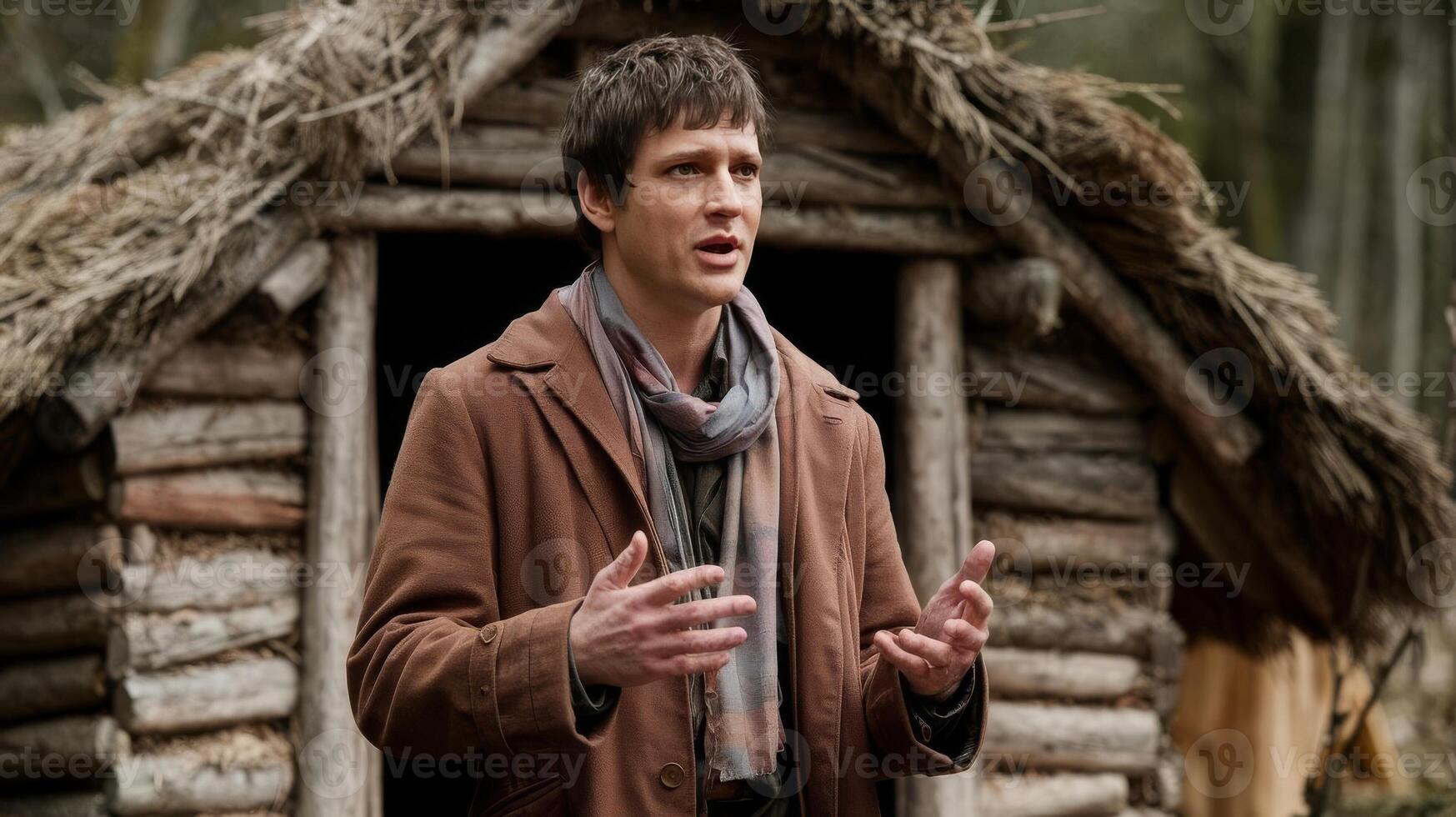 A man in a brown coat standing in front of a hut photo