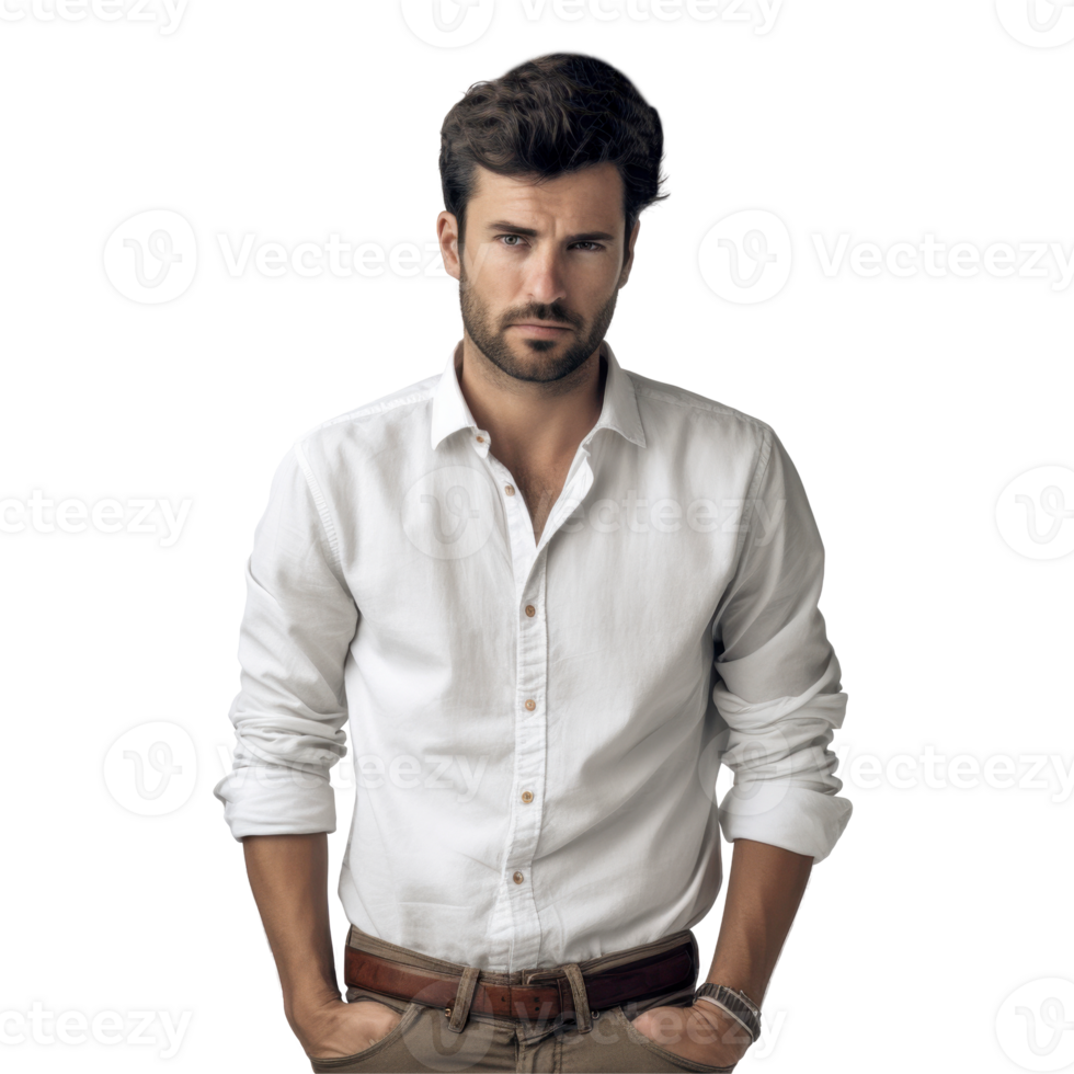 A man wearing a white shirt and brown belt isolated on transparent background png