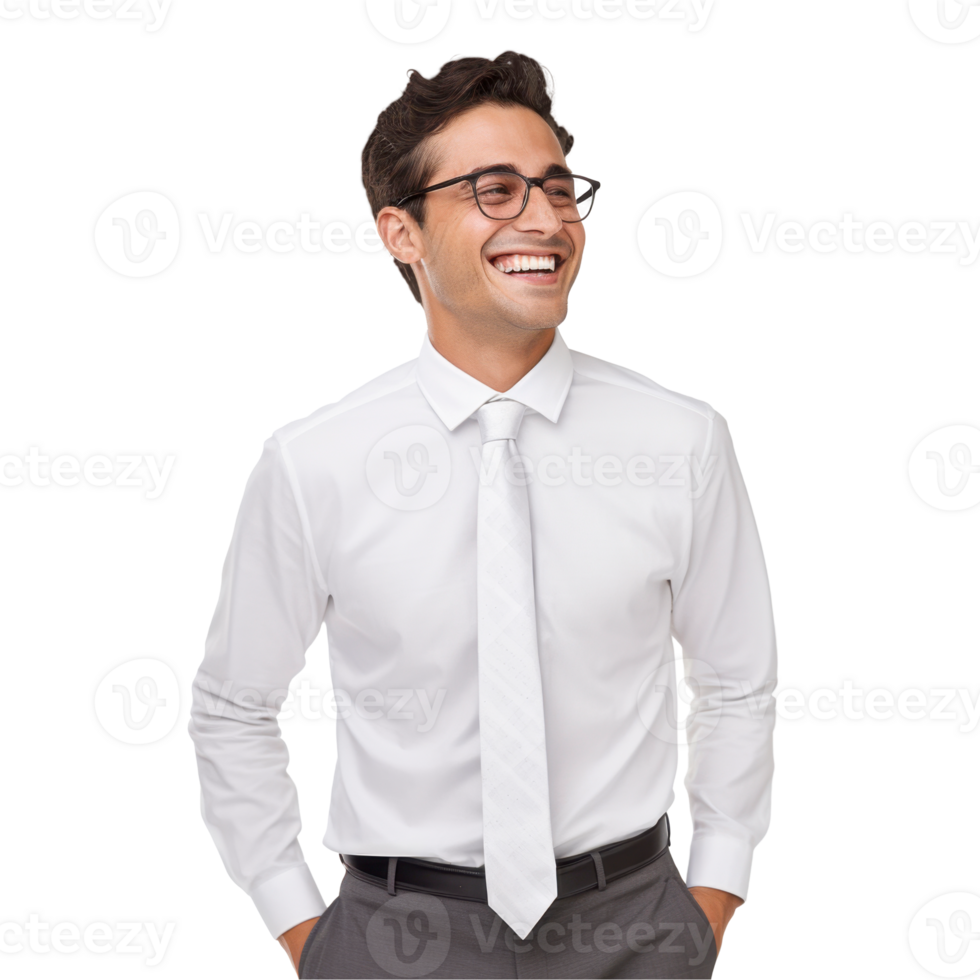 A man wearing a white shirt and a tie is smiling isolated on transparent background png