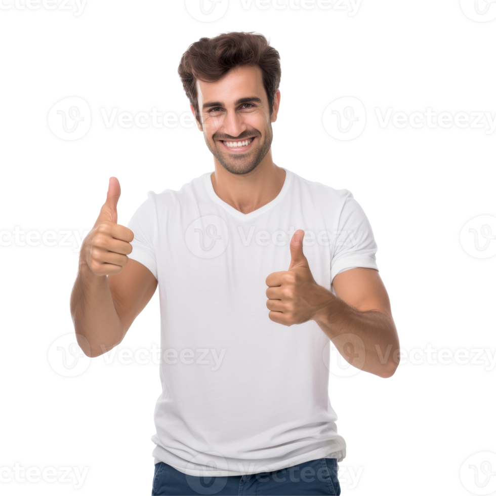 Young man with a white t-shirt is smiling and giving a thumbs up isolated on transparent background png