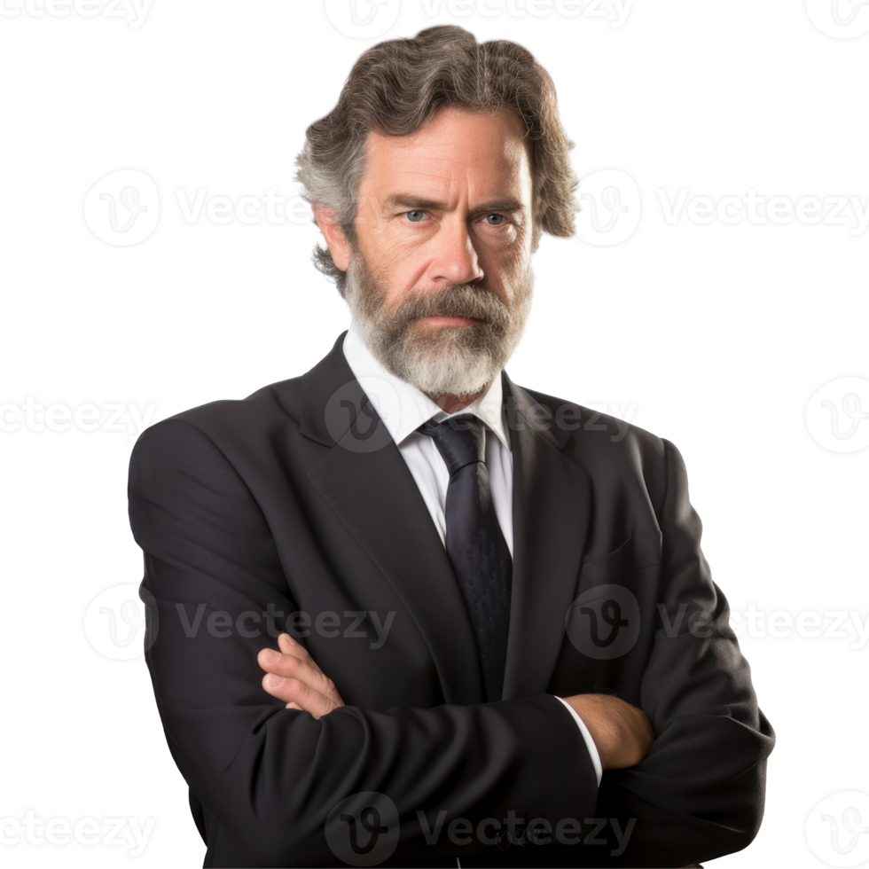 A man with a beard and a tie is standing with his arms crossed isolated on transparent background png