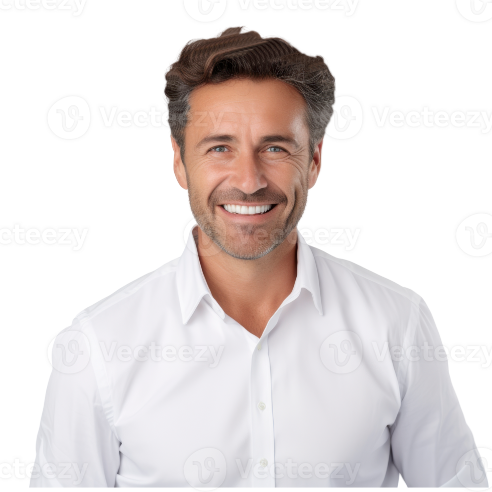man with a white shirt and a beard is smiling isolated on transparent background png