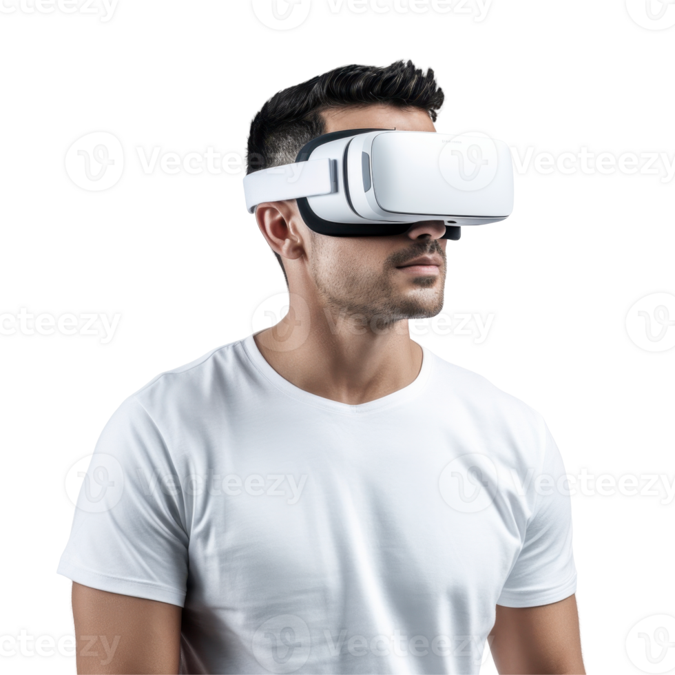 Man wearing a white shirt is wearing a virtual reality headset isolated on transparent background png