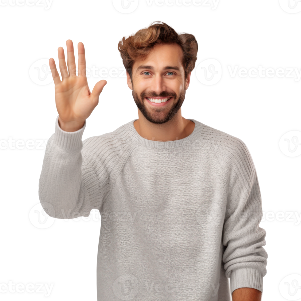 man is wearing a gray sweater and is waving isolated on transparent background png