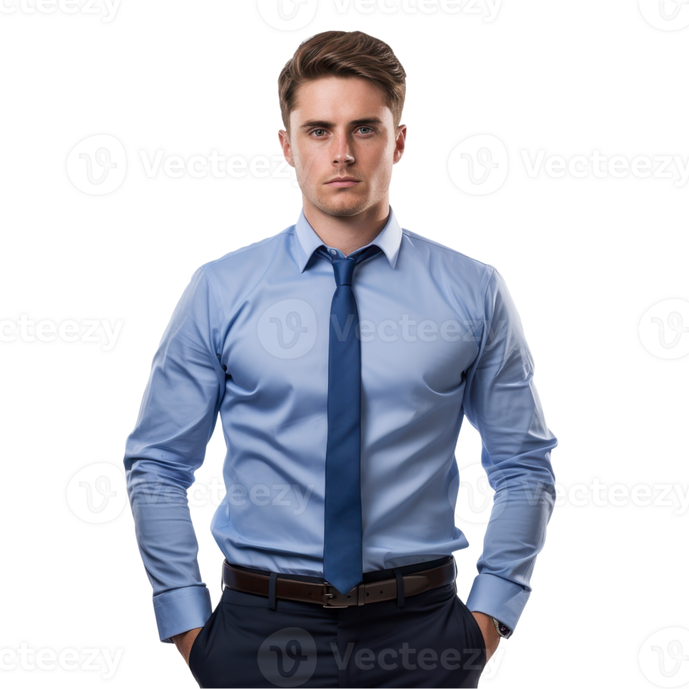 A man wearing a blue shirt and a blue tie isolated on transparent background png