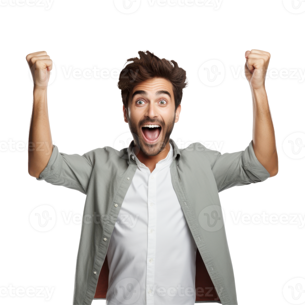 Excited man is smiling and raising his arms in the air isolated on transparent background png
