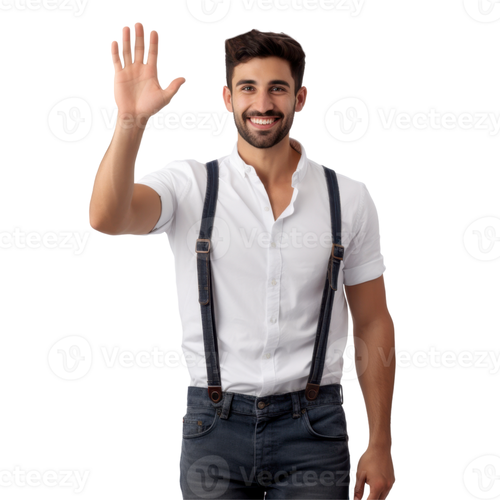 A man wearing a white shirt and blue suspenders is smiling and waving isolated on transparent background png
