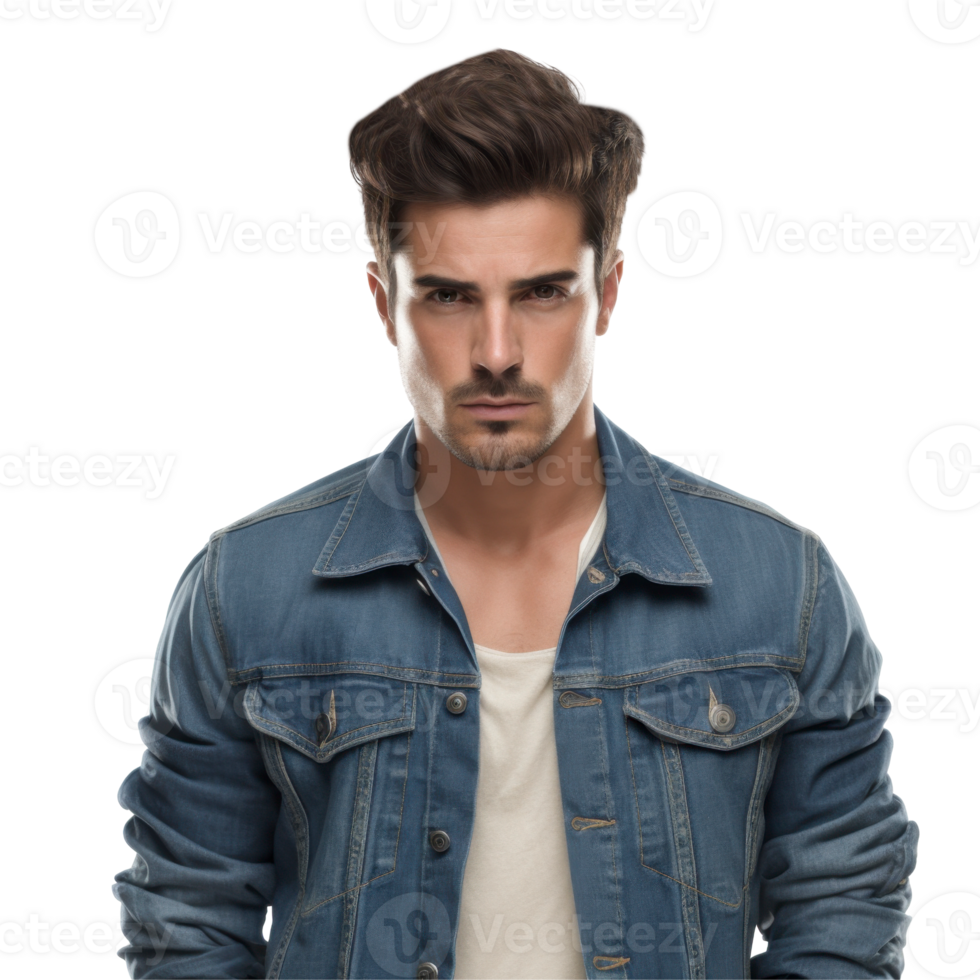 A man wearing a blue jacket and white shirt isolated on transparent background png