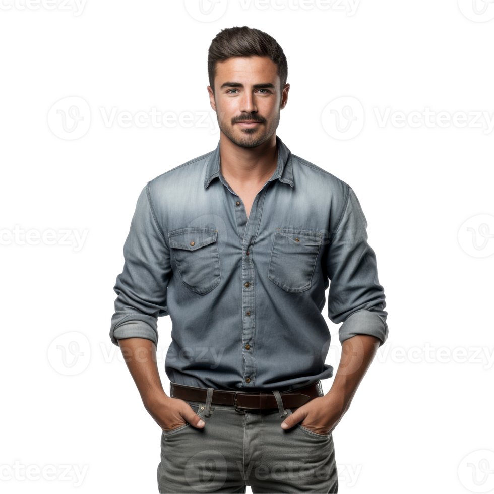 A man wearing a blue shirt and grey pants isolated on transparent background png