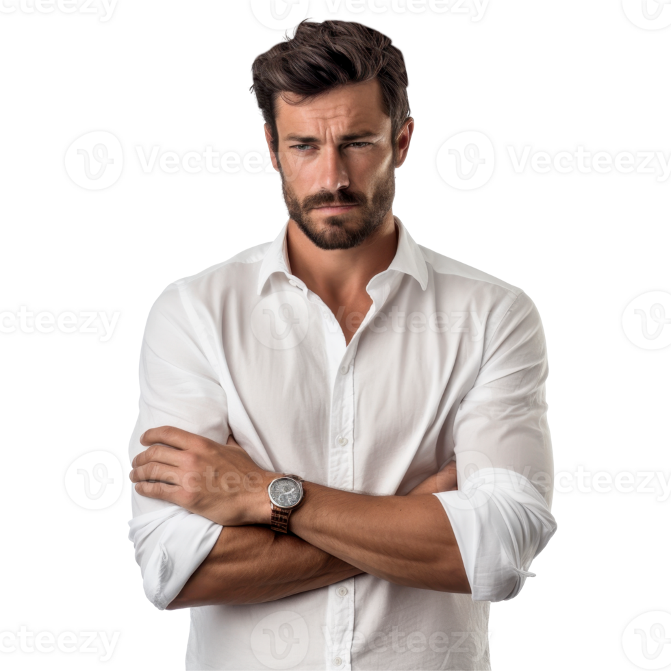 Serious man wearing a white shirt and crossed his arm isolated on transparent background png