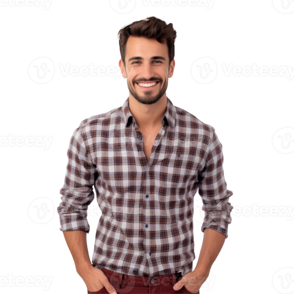 A man wearing a plaid shirt and red pants isolated on transparent background png