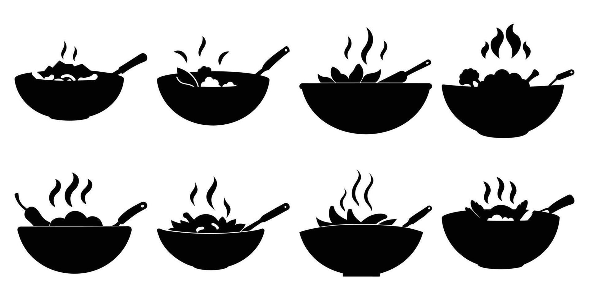Collection of simple black silhouettes of bowls with food, ideal for restaurant menus, cooking blogs, or food related designs. vector